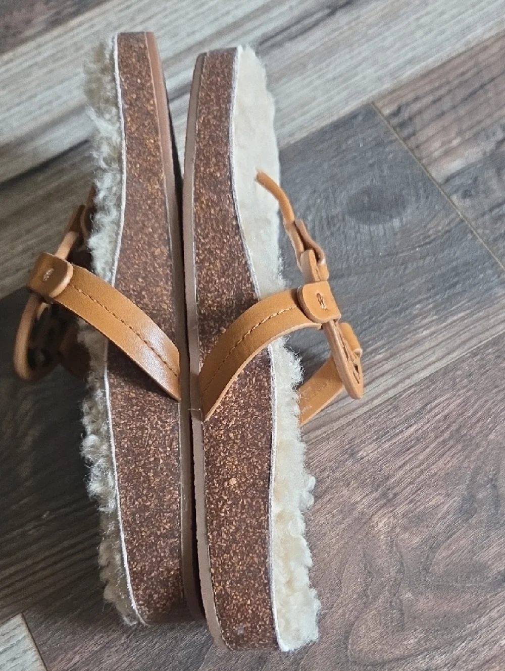 Tory Burch Camel Leather Logo Shearling Slide Sandals